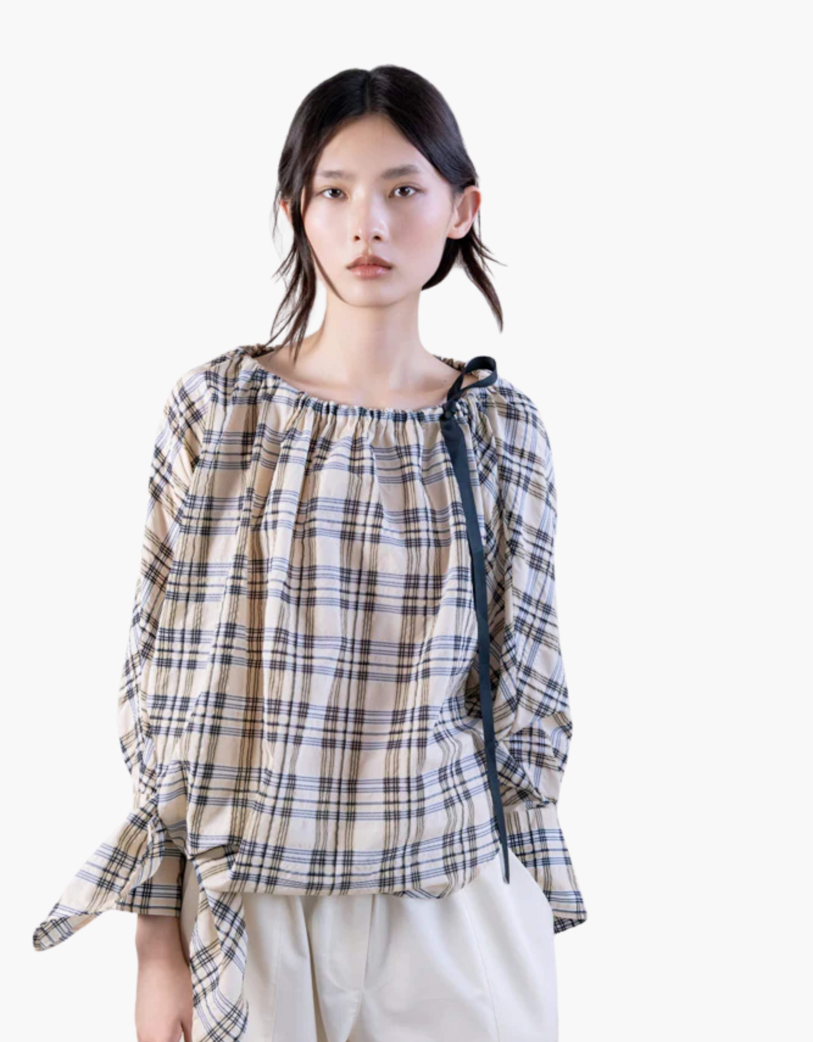 Blusa bardot cuadros con lazo