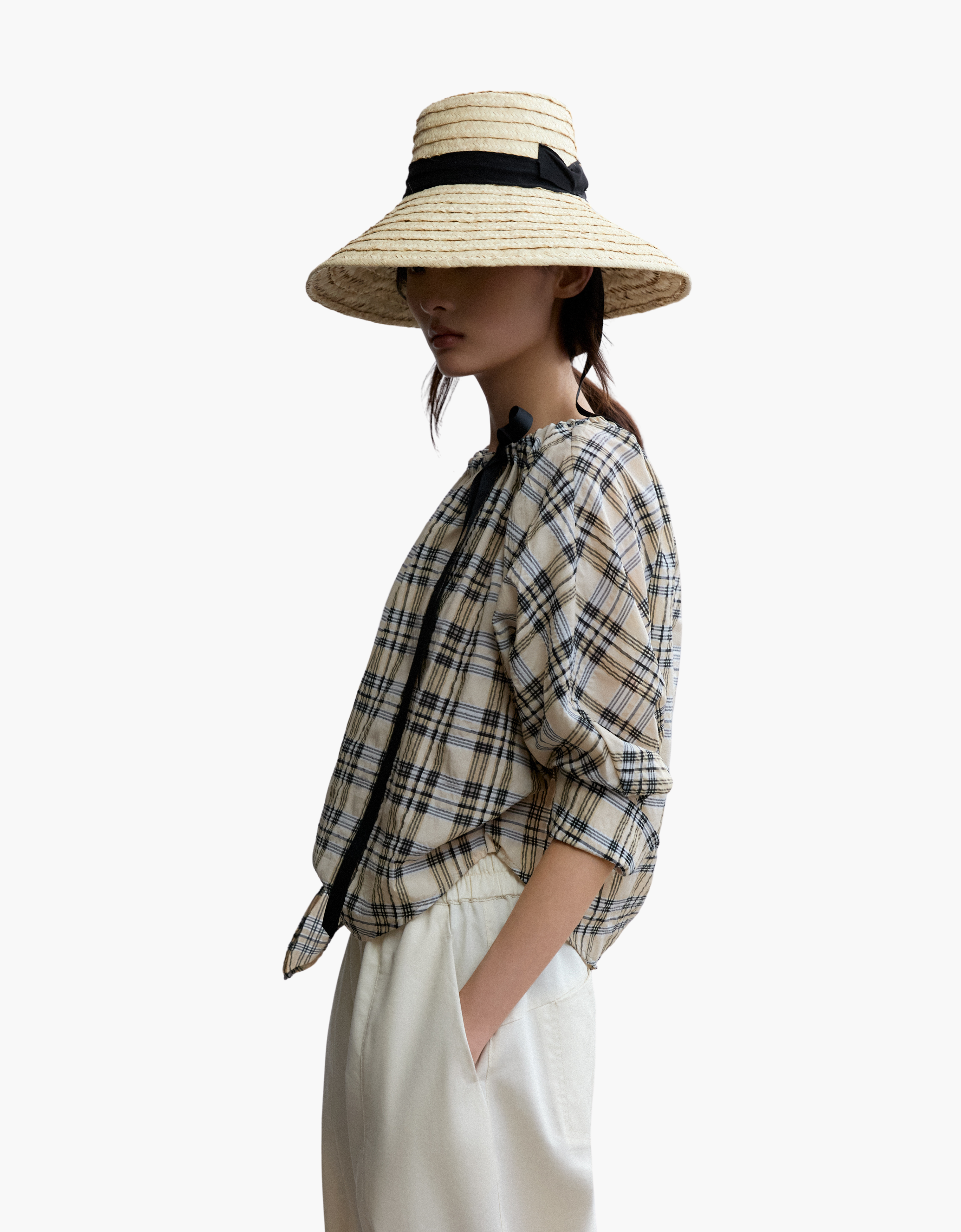 Blusa bardot cuadros con lazo