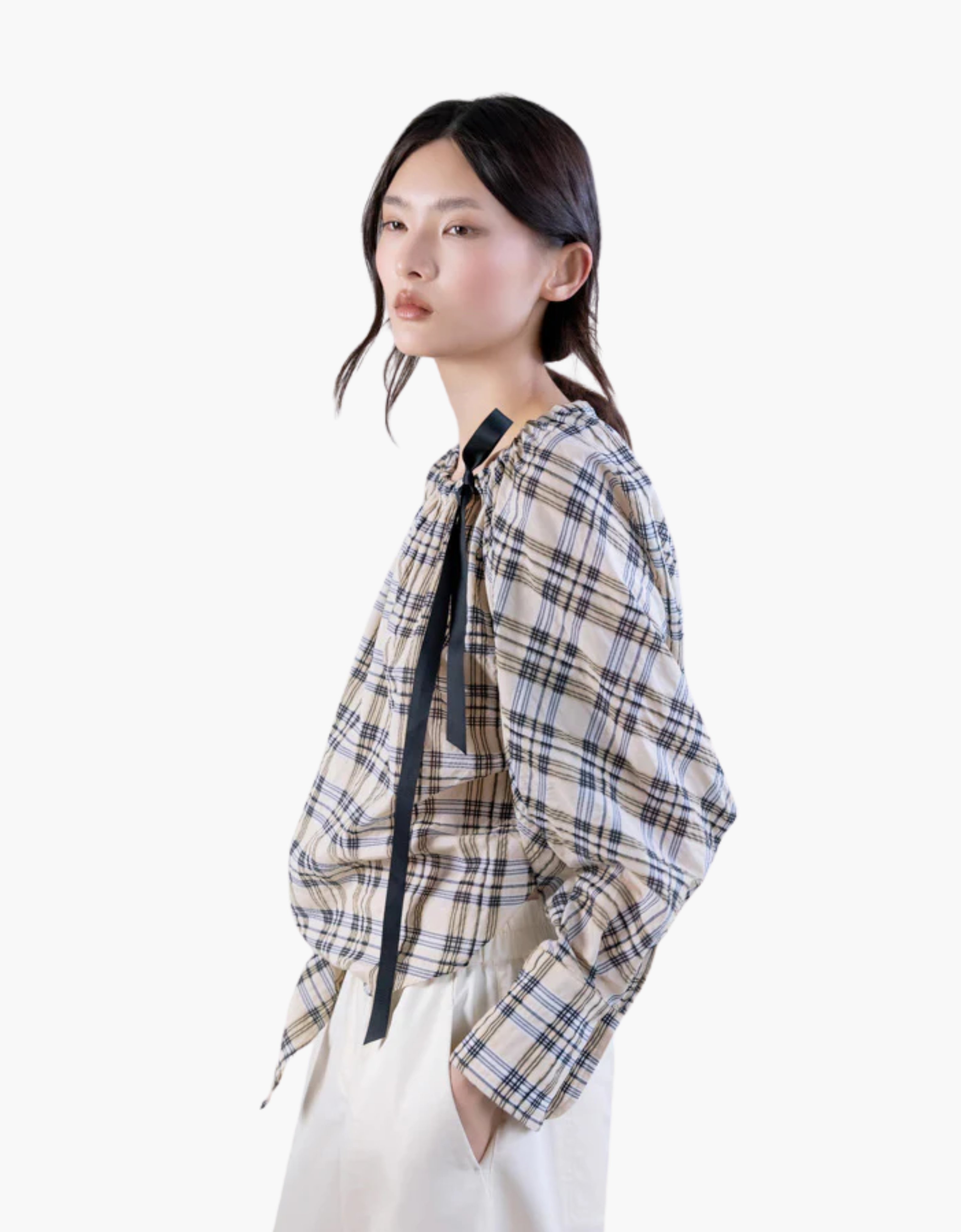 Blusa bardot cuadros con lazo