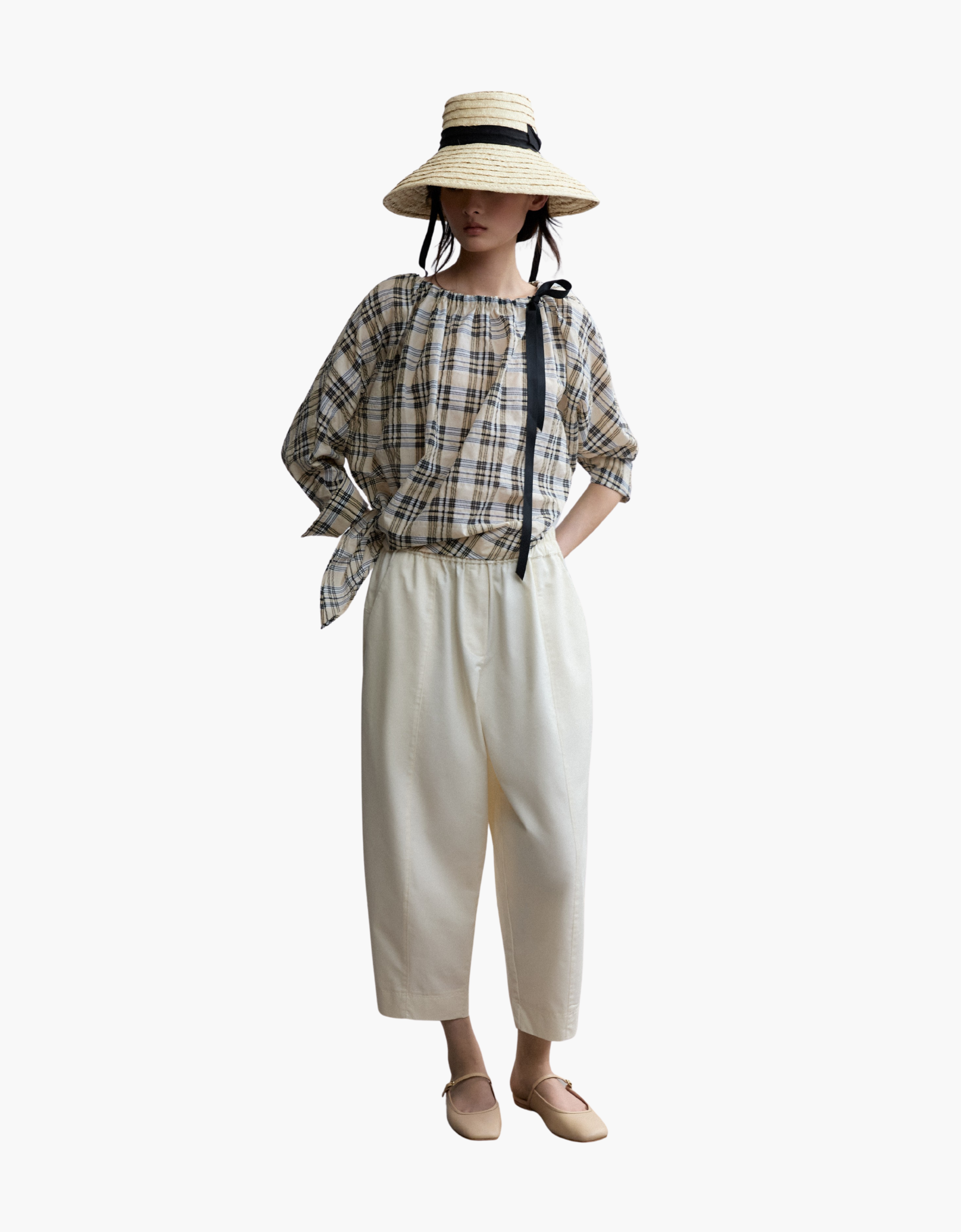 Blusa bardot cuadros con lazo