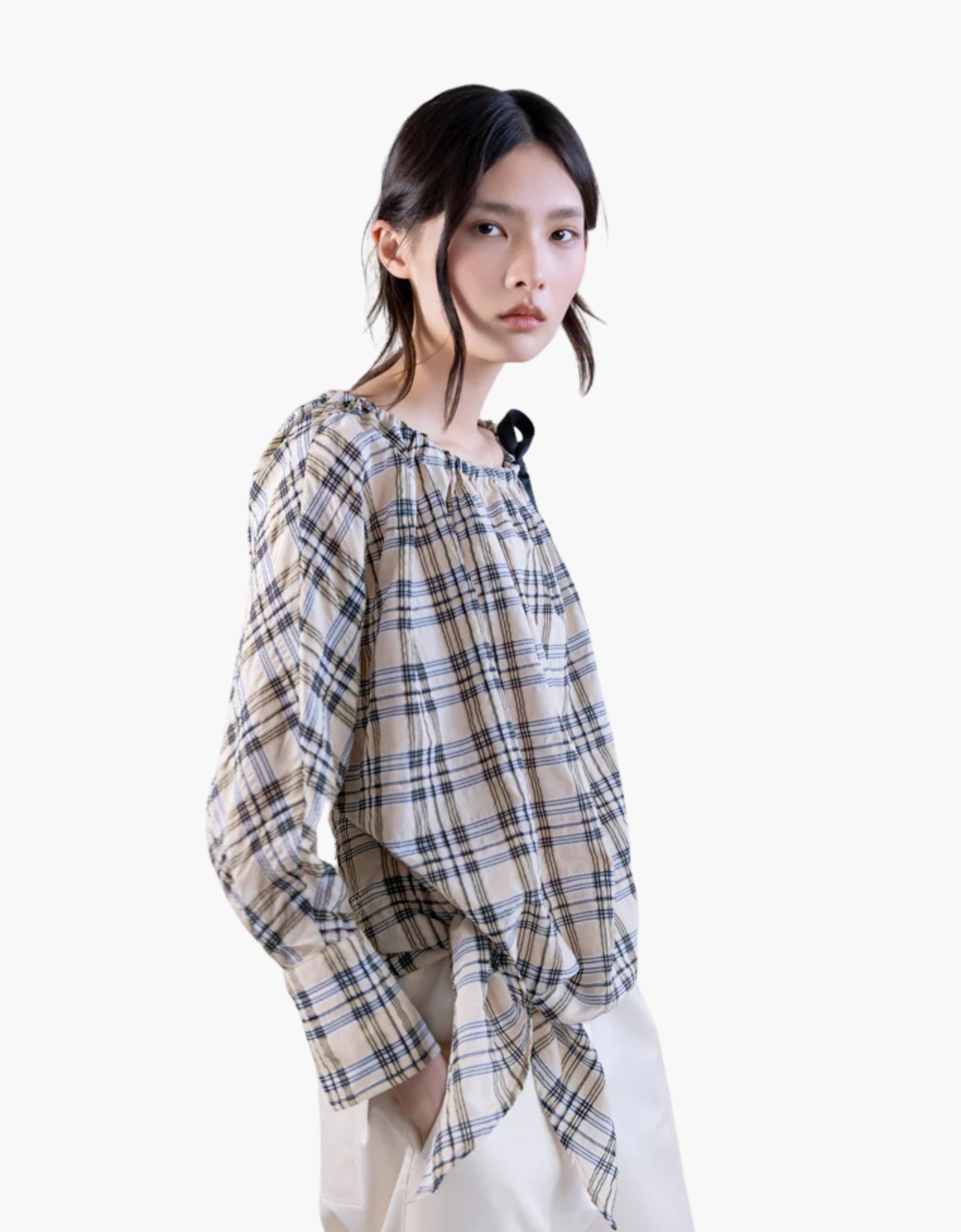 Blusa bardot cuadros con lazo