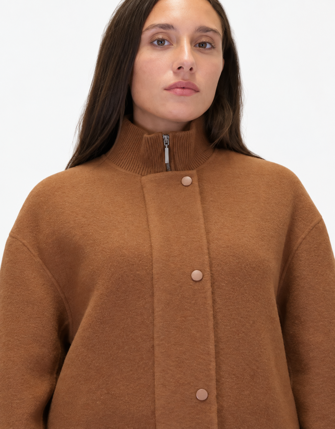 Chaqueta lana doble tejido "Fenice" color camel, detalle