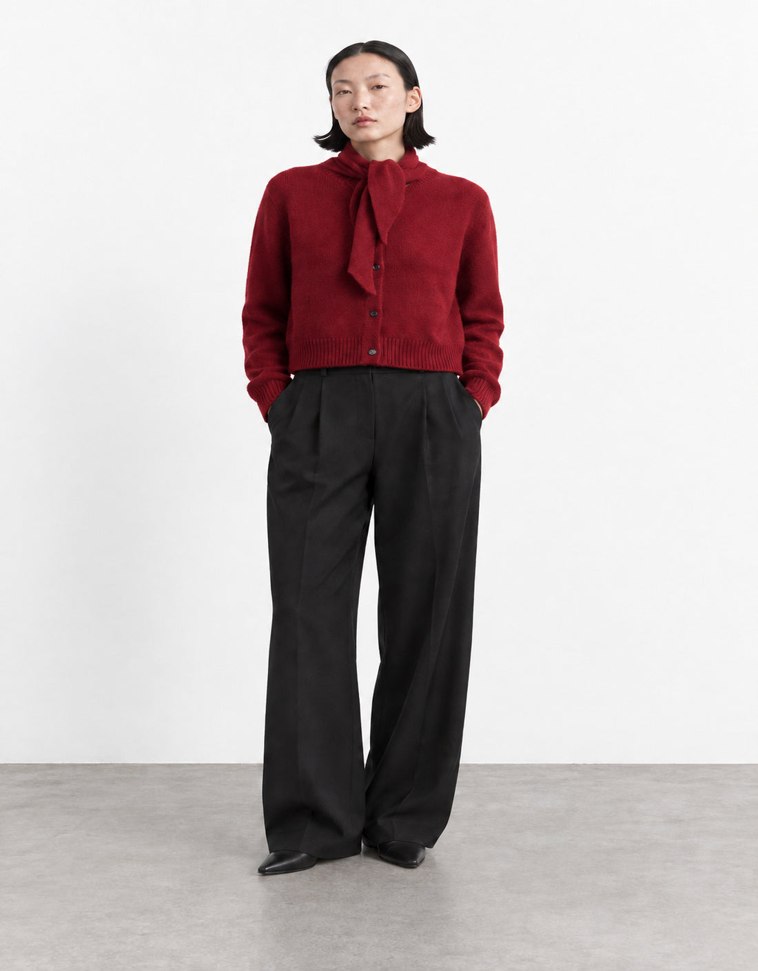 Cárdigan lana y cashmere con lazada "Palo" rojo, vista frontal